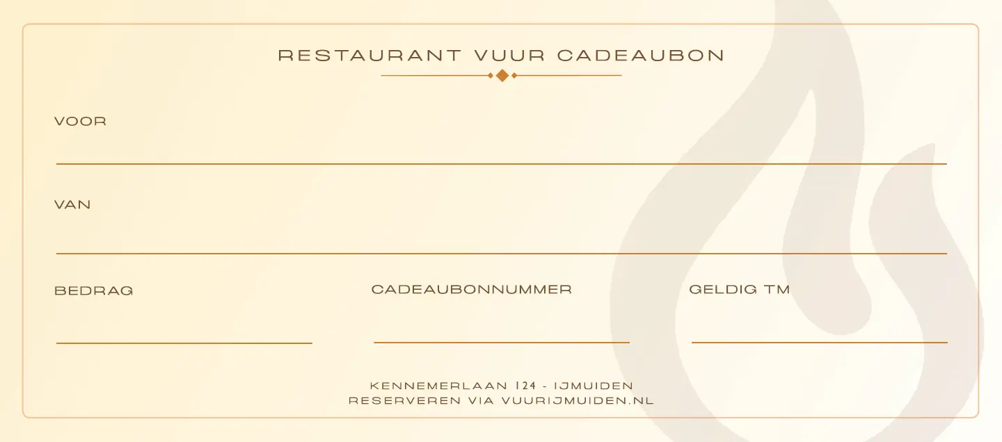 Achterkant van de VUUR-cadeaubon met invulvelden voor bonnummer en bedrag.