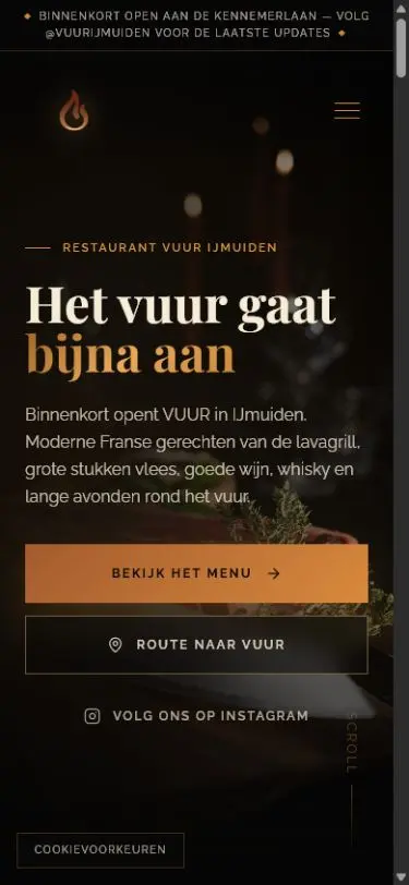 Mobiele VUUR-webpagina in een smalle weergave.
