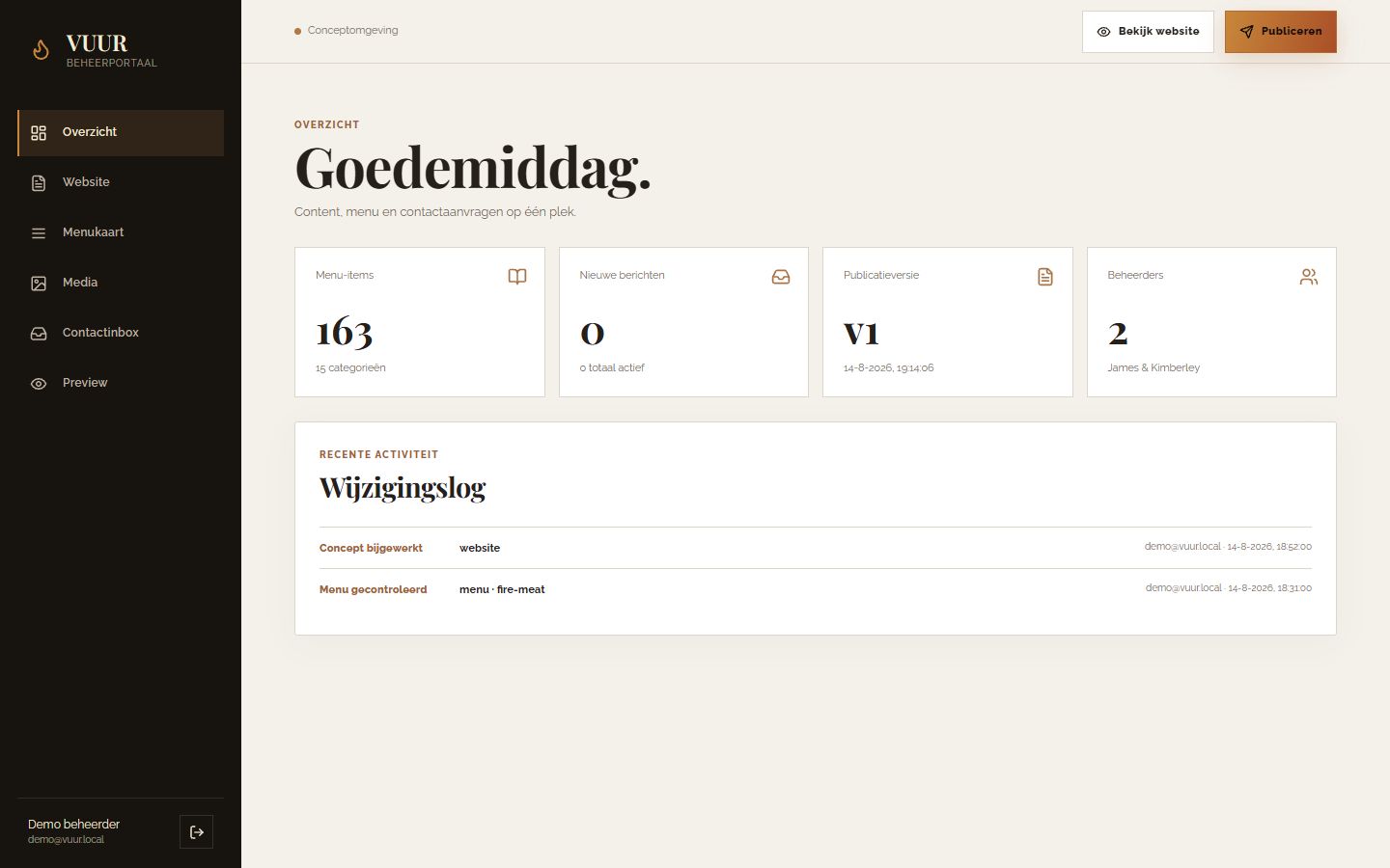 Donker VUUR-beheerdashboard met synthetische status- en contentgegevens.